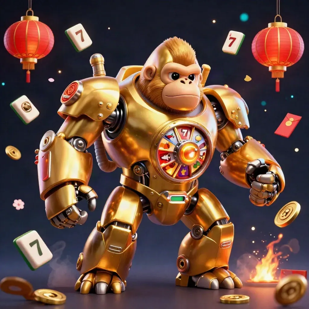 Golden gorilla slot-mech with tiny pilot, reels, lanterns, coins and sparks on a dark casino backdrop