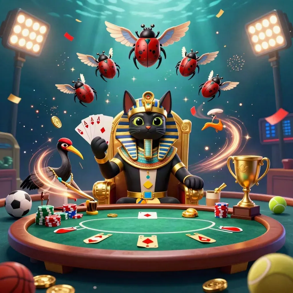 Pharaoh cat on throne with ibis scribe, scarab wings, poker chips, balls, and trophy in neon casino art.