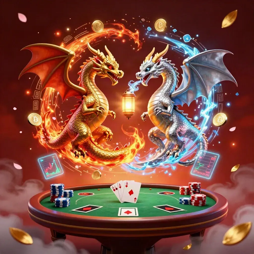 Gold and silver dragons spiral around a lantern spirit above poker chips, coins, and ember glow.