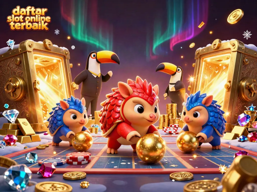 Ilustrasi 3D menghibur menampilkan daftar slot online terbaik dengan pangolin dan tumpukan chip poker.