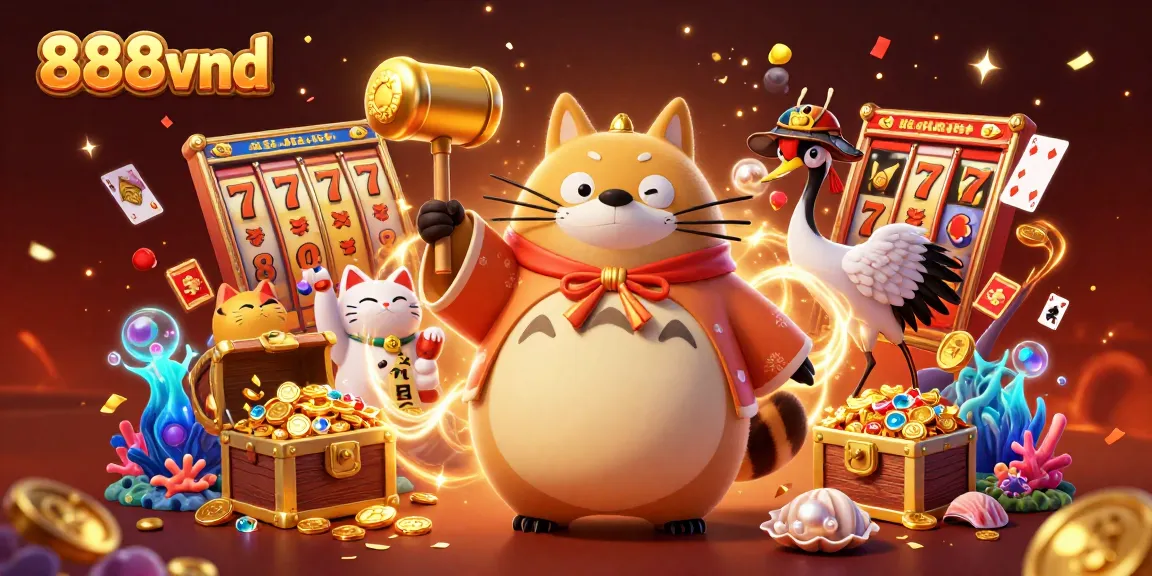 Experience vibrant gambling action with 888vnd, featuring lucky characters and casino elements.
