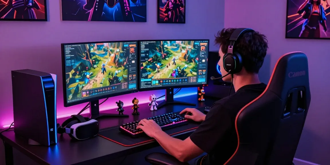 Gamer menikmati pengalaman gaming eksklusif di luxury111 dengan perangkat modern dan dekorasi bernuansa neon.