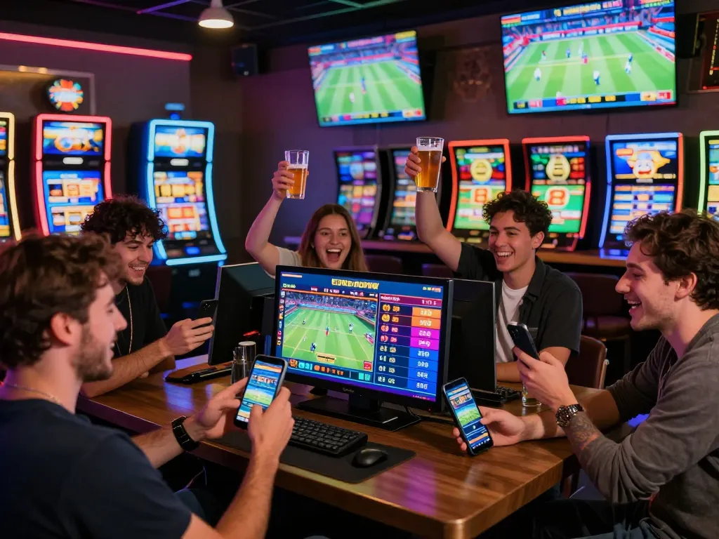 Friends enjoying live sports betting with 88aa apps at a vibrant bar scene.