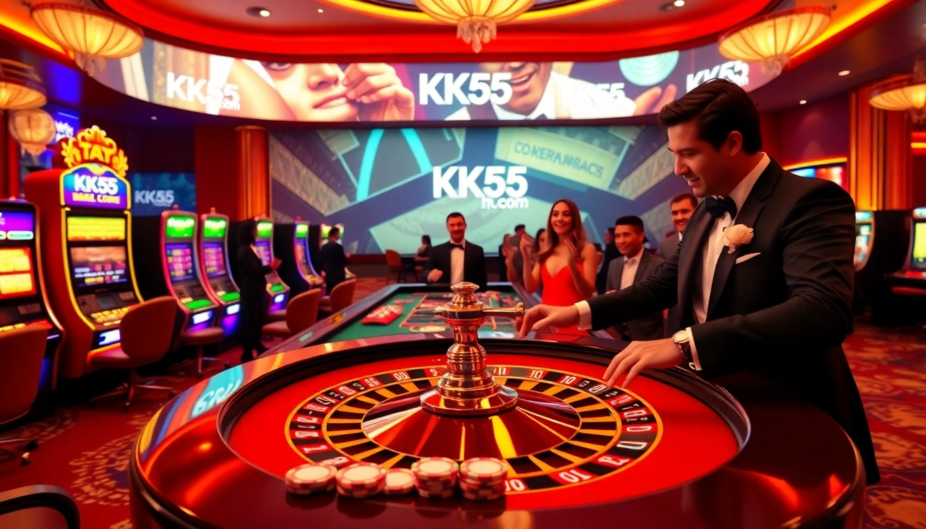 Players enjoying roulette and slots at KK55.com, showcasing excitement in a vibrant casino.