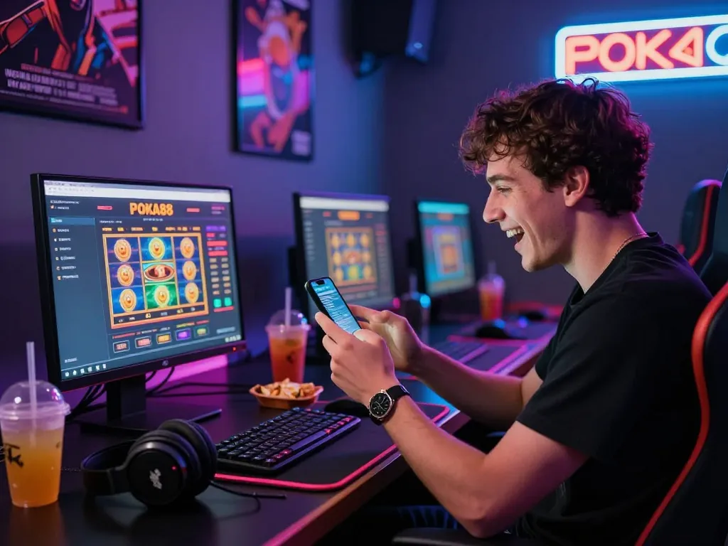 Gamer yang bersemangat terlibat dengan pengaturan permainan slot online POKA88.