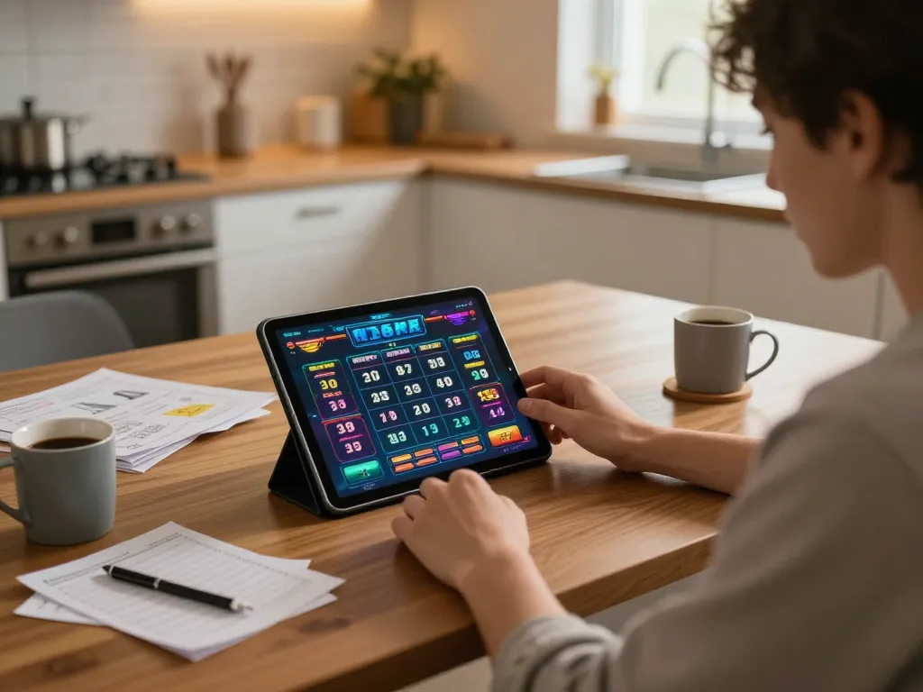 Pemain terlibat menggunakan tablet untuk permainan toto togel dengan suasana dapur yang hangat.