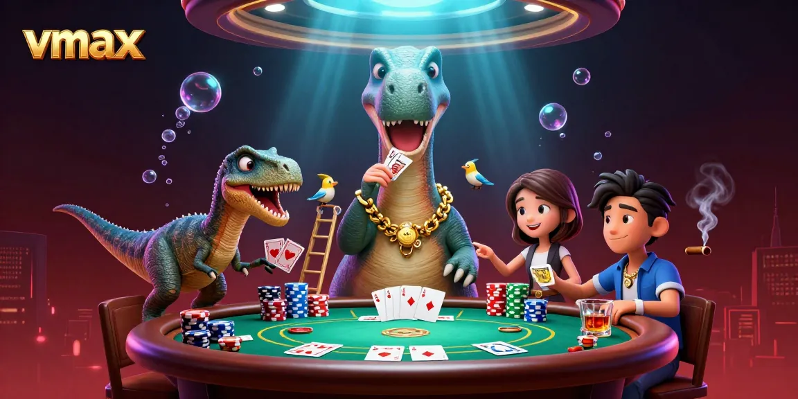 Engage in thrilling vmax casino games with a towering brontosaurus and clever raptor card dealer.