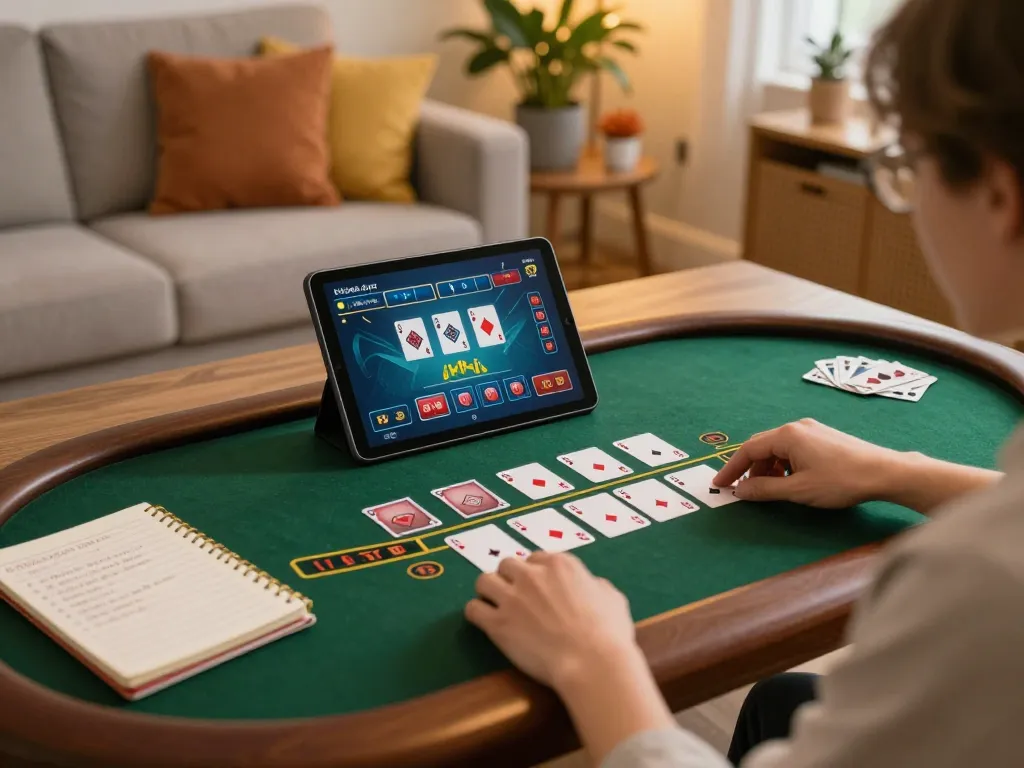 Enjoying a thrilling 88bet blackjack game on tablet at home, highlighting strategic gameplay in cozy atmosphere