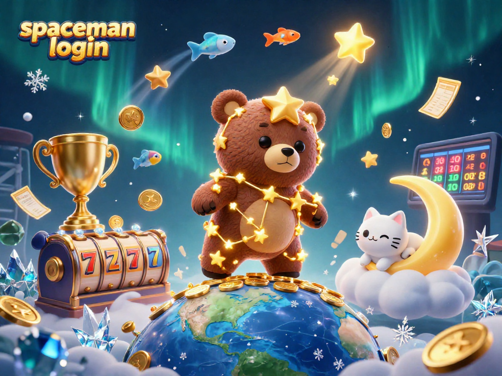 Experience the thrilling spaceman login with a vibrant 3D casino scene filled with slot elements and prizes.