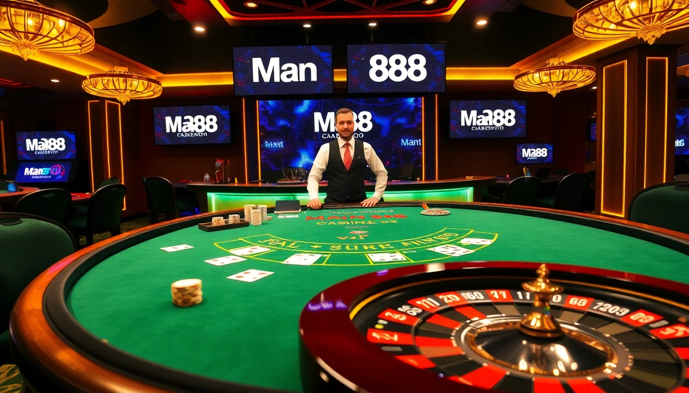 Players enjoying blackjack at a glamorous Man88 casino table surrounded by poker chips.
