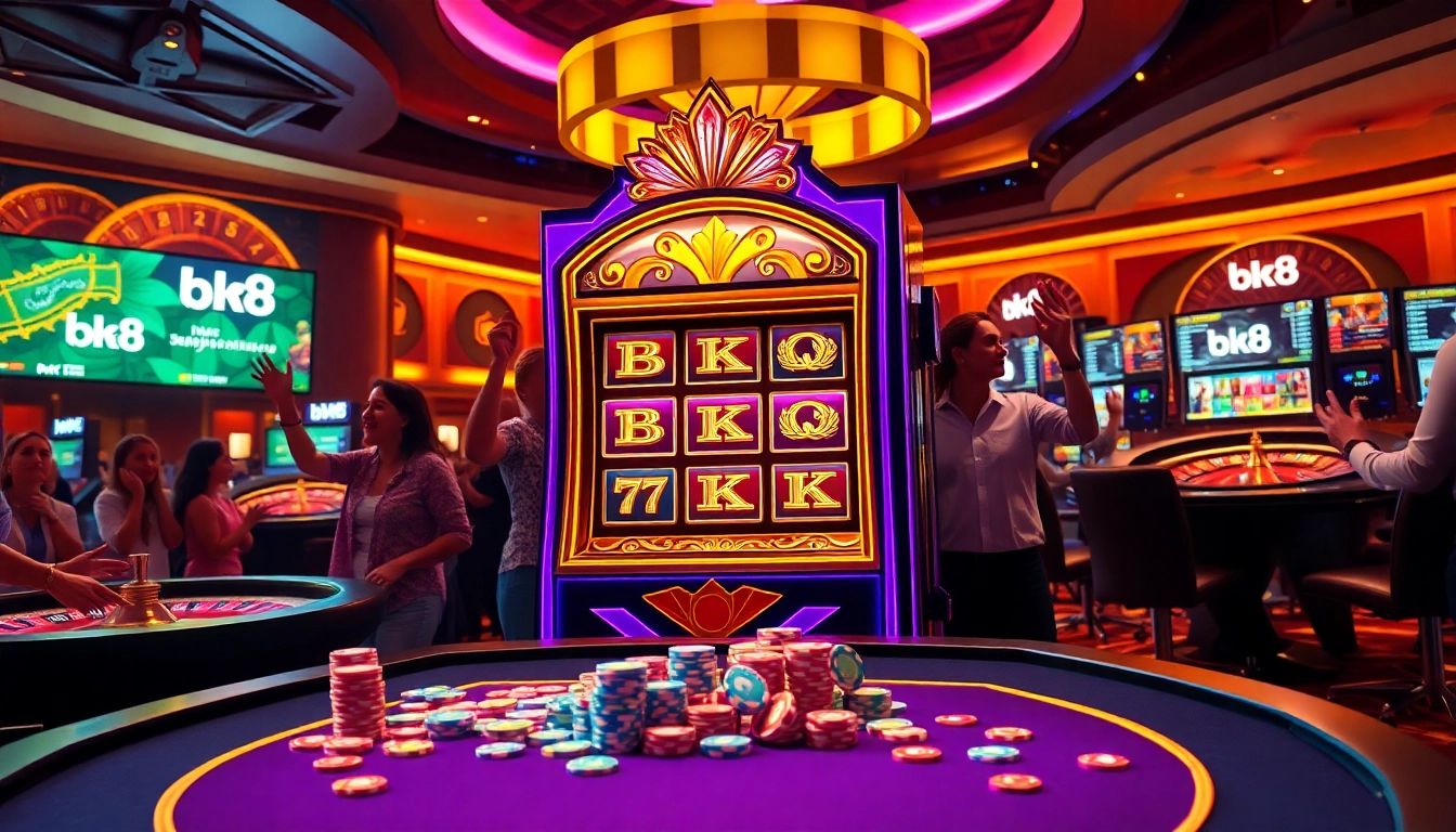 Play exciting bk8 สล็อต games, winning at the luxurious casino slot machines surrounded by chips.