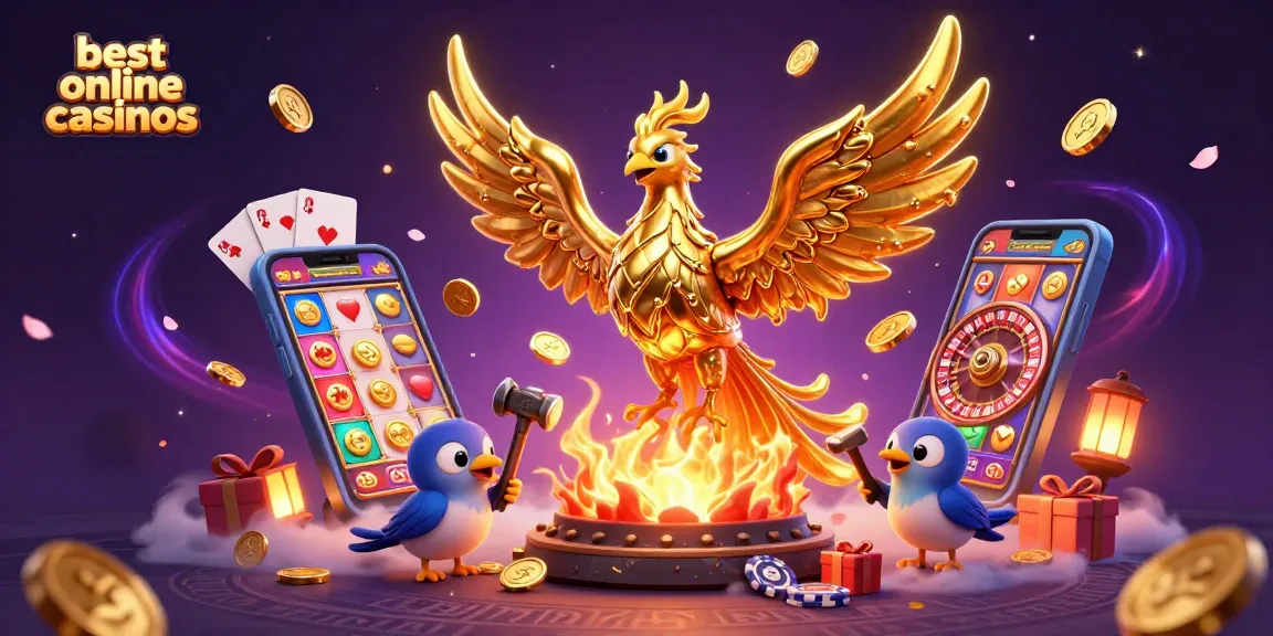 Experience the excitement of the best online casinos with a captivating scene of a golden phoenix and slot games.