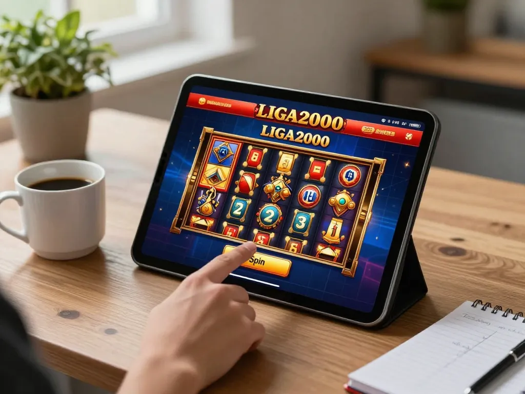 LIGA2000 player engaging with online slots on a tablet, emphasizing comfortable gaming environment.