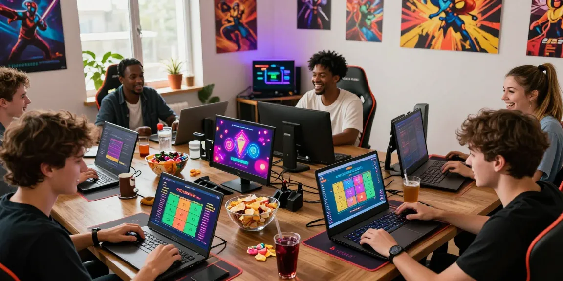 Engaging scene of friends using Raja Game login on laptops, surrounded by vibrant gaming decor.