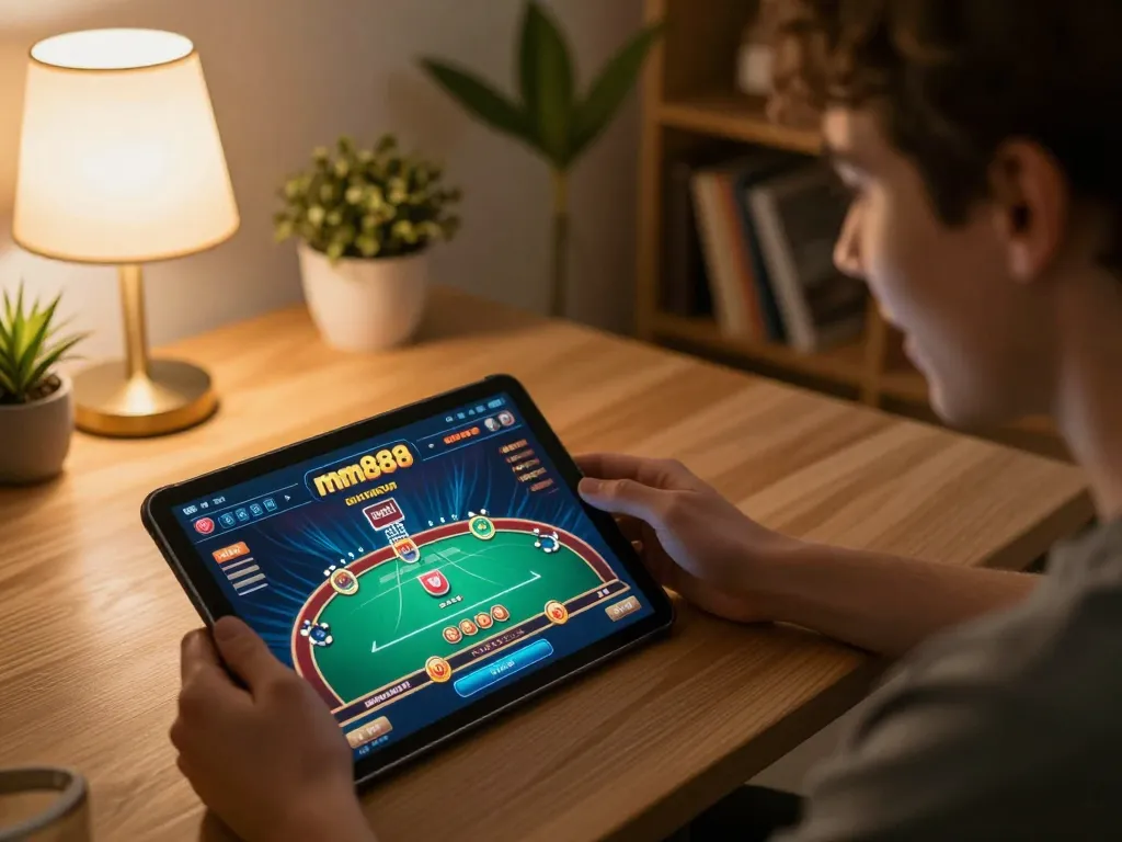 Engaging user playing on mm888 casino app in a cozy home setup, conveying responsible gaming.