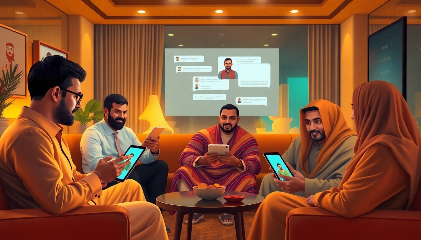 مشهد غرفة دردشة رقمية جذاب يعرض مستخدمي شات الرياض يتفاعلون على أجهزة