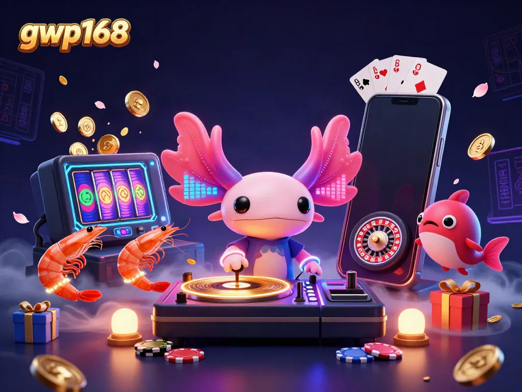 Menggoda pemain dengan slot menarik di GWP168, ilustrasi 3D penuh warna memancarkan energi permainan.