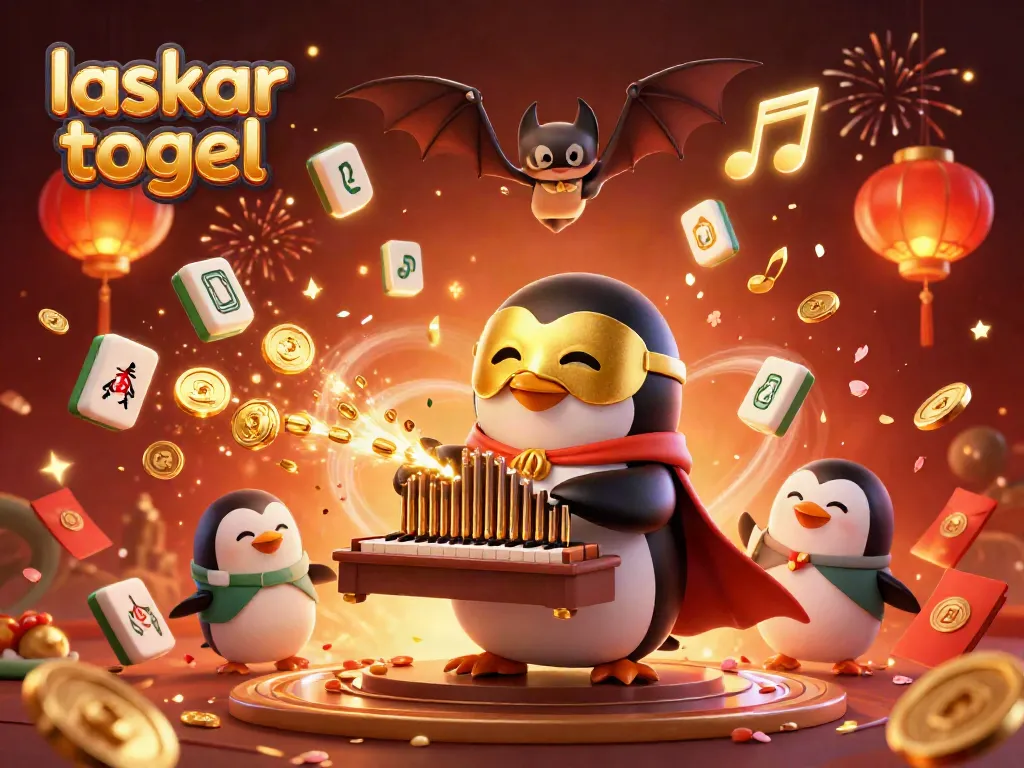 Experience the thrill of laskar togel with a vibrant 3D illustration featuring a penguin playing a golden pipe organ.