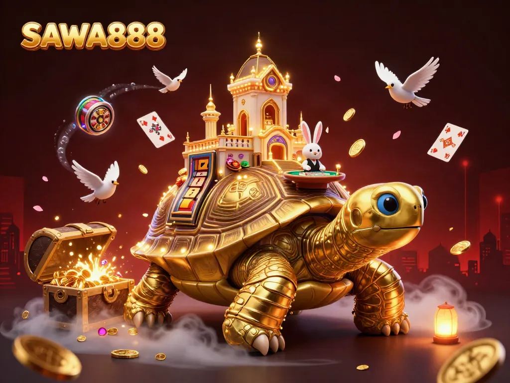 Experience vibrant SAWA888 gaming with a golden tortoise casino, dynamic characters, and captivating elements.