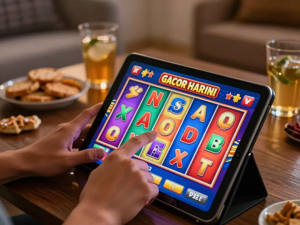 Playing slot gacor hari ini on a tablet in a cozy home with vibrant reels spinning.