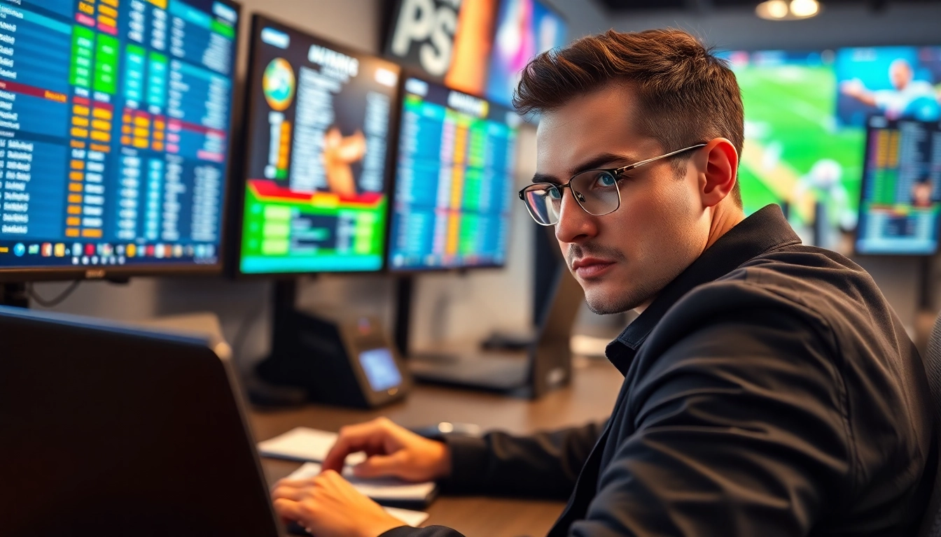 Engaged professional in online Betting setup with screens showing live odds and betting strategies.
