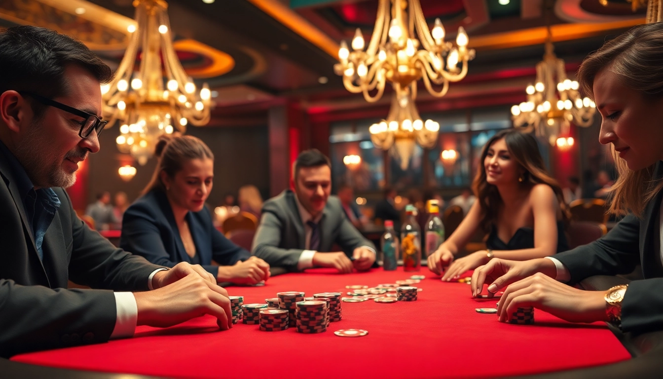 Engaged players at a casino poker table emphasize the thrill of the game.