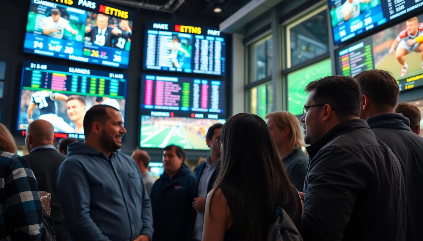 Engaged bettors analyzing Sports Betting odds in a lively sportsbook environment.