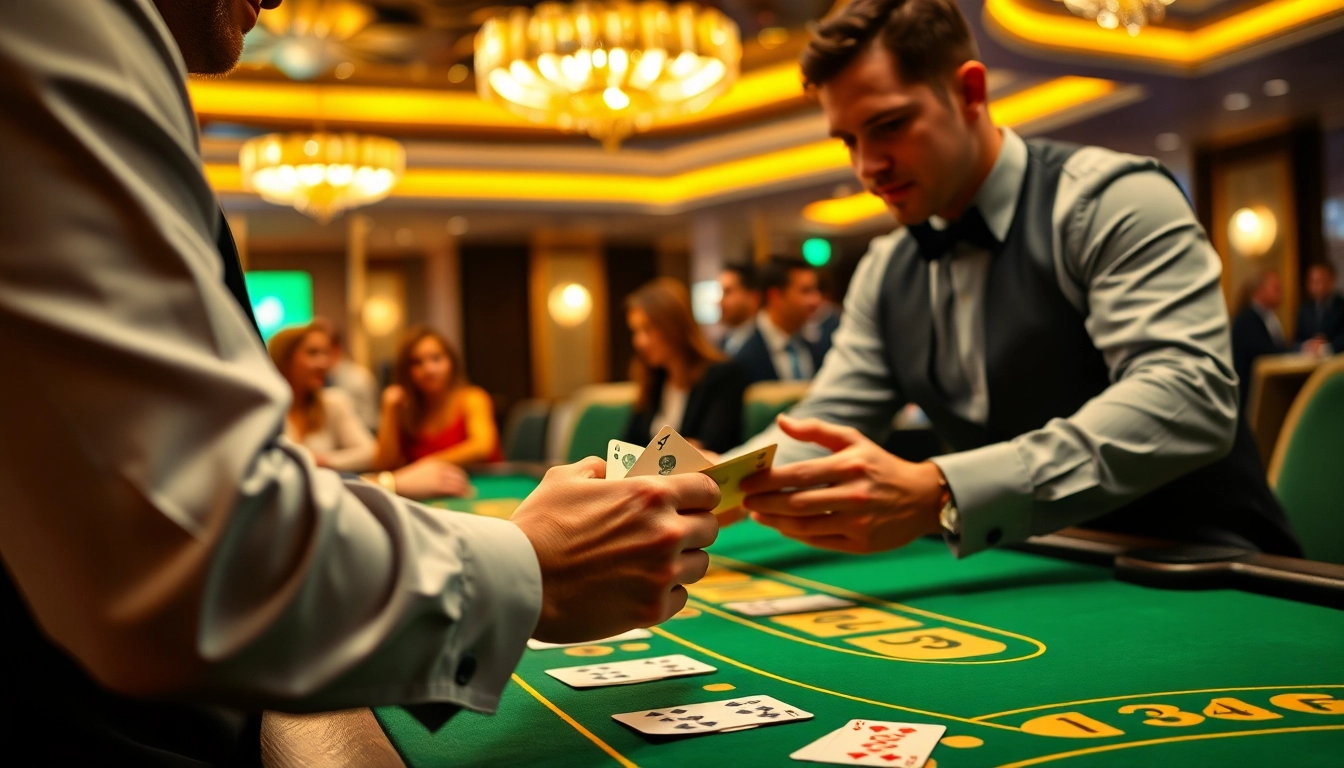 Experience the thrill at a Blackjack Casino table with a professional dealer and engaged players.