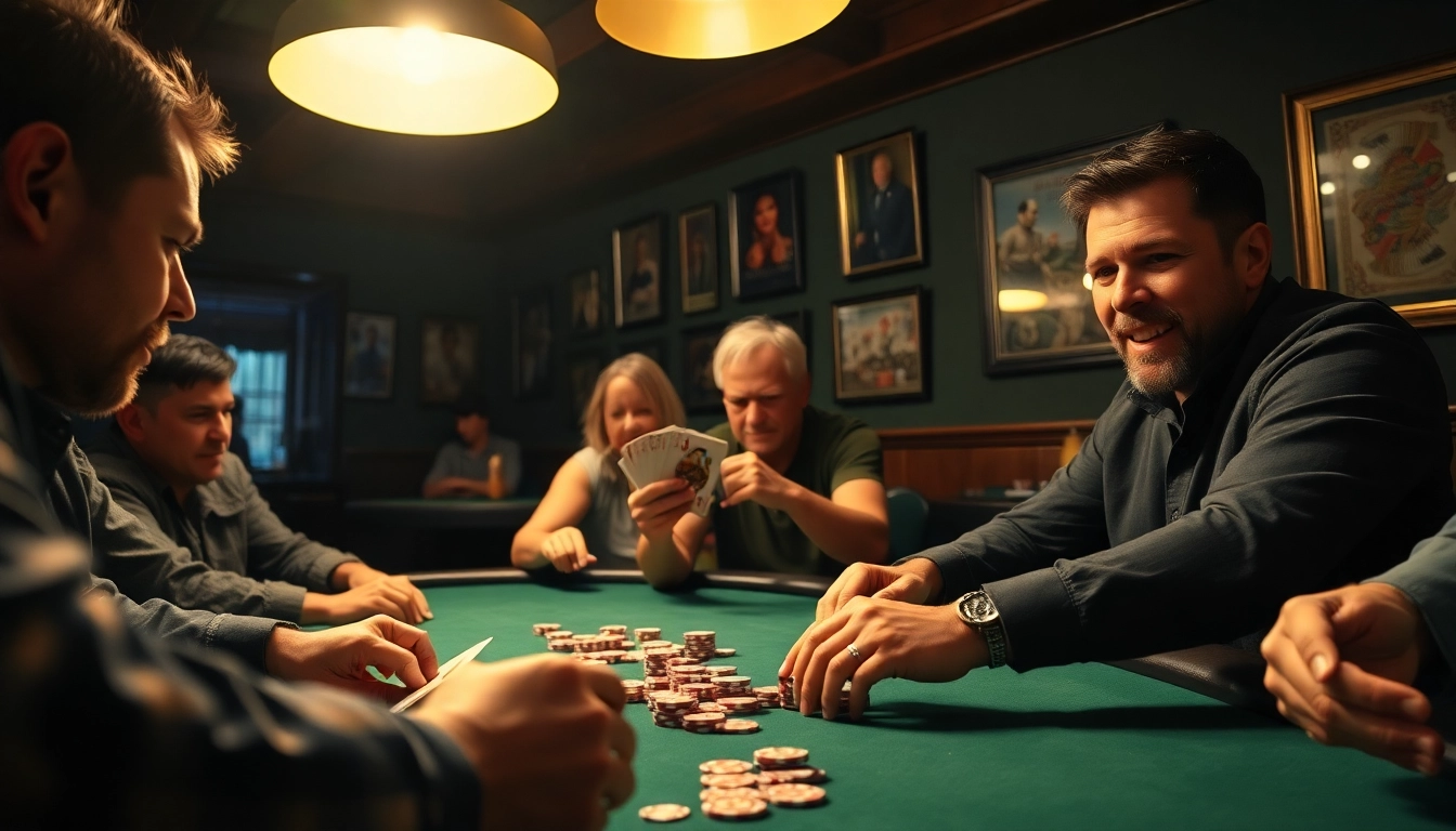 Experience a thrilling poker game with players engaged in an intense hand competition.