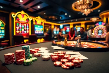 Excited players enjoying games at 88i's luxurious casino tables filled with chips and cards.