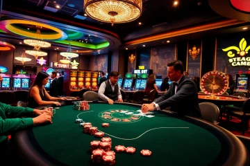 Exciting scene of gamblers playing at a casino table featuring 11WIN poker chips and cards.