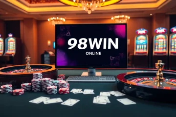 Experience thrilling gameplay at 98win com with vibrant casino elements like poker chips and roulette.