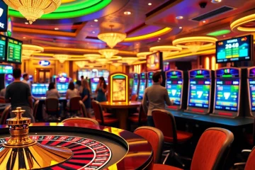 Engaged players celebrate big wins with MK 8 at a vibrant casino, featuring roulette and slot machines.