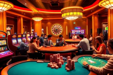 Experience the thrill of casino gameplay with 79 king at a vibrant gaming table featuring poker chips and slot machines.