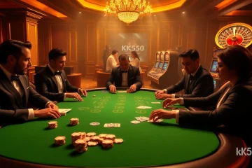 Engage in high-stakes poker action on KK55.com with vibrant chips and elegant players.