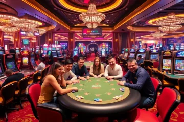 Excited players engaging in a poker game at BK8TH casino with vibrant decor.
