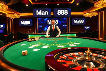Players enjoying blackjack at a glamorous Man88 casino table surrounded by poker chips.