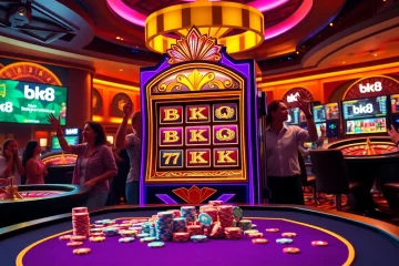 Play exciting bk8 ΰΈͺΰΈ₯ΰΉΰΈΰΈ games, winning at the luxurious casino slot machines surrounded by chips.