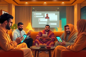 مشهد غرفة دردشة رقمية جذاب يعرض مستخدمي شات الرياض يتفاعلون على أجهزة